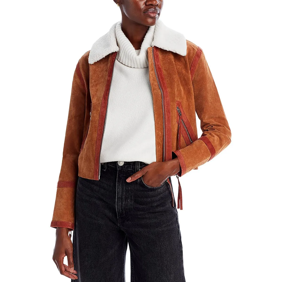 Womens Suede Faux Fur Collar Leather Jacket