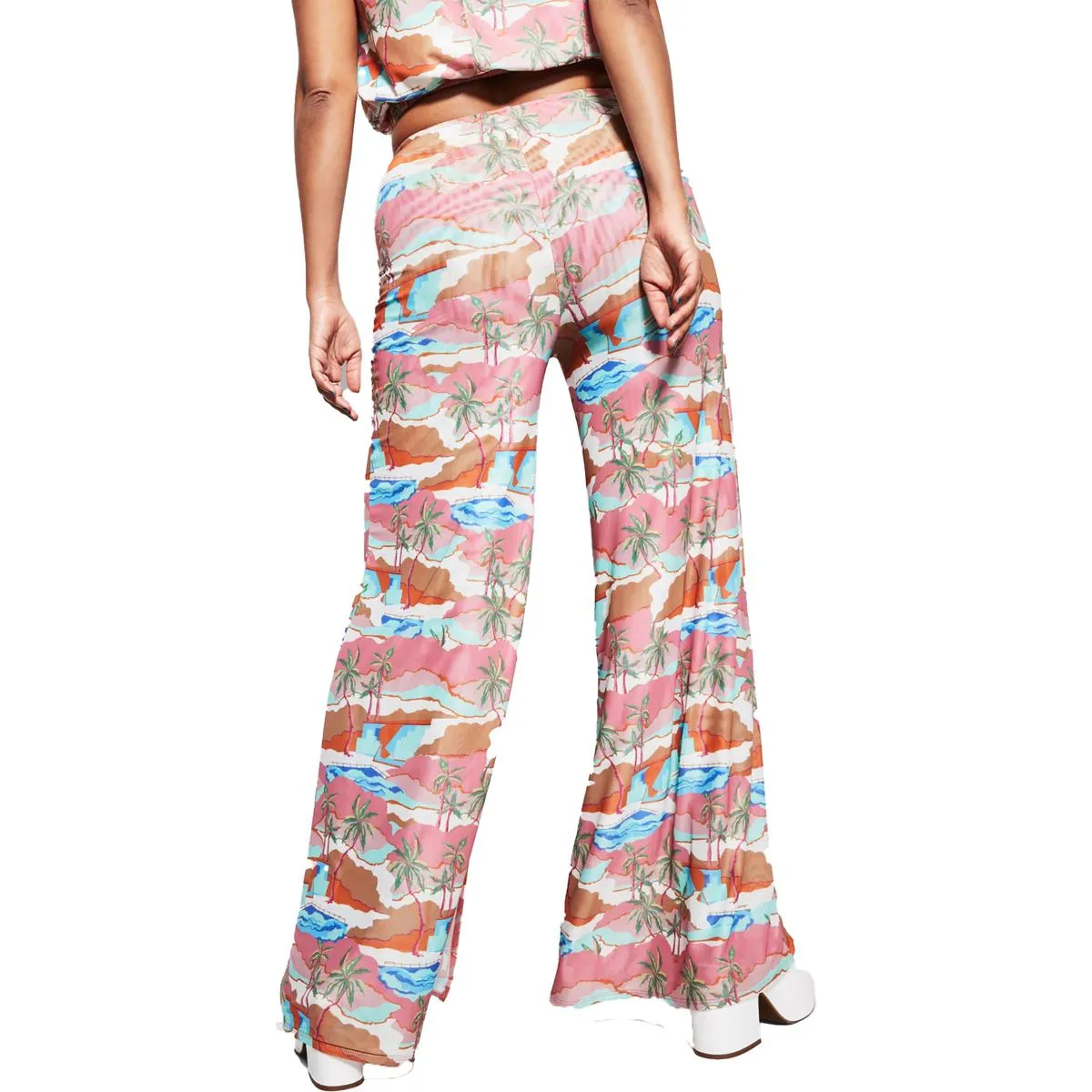 Womens Tropical Printed Drawstring Wide Leg Pants
