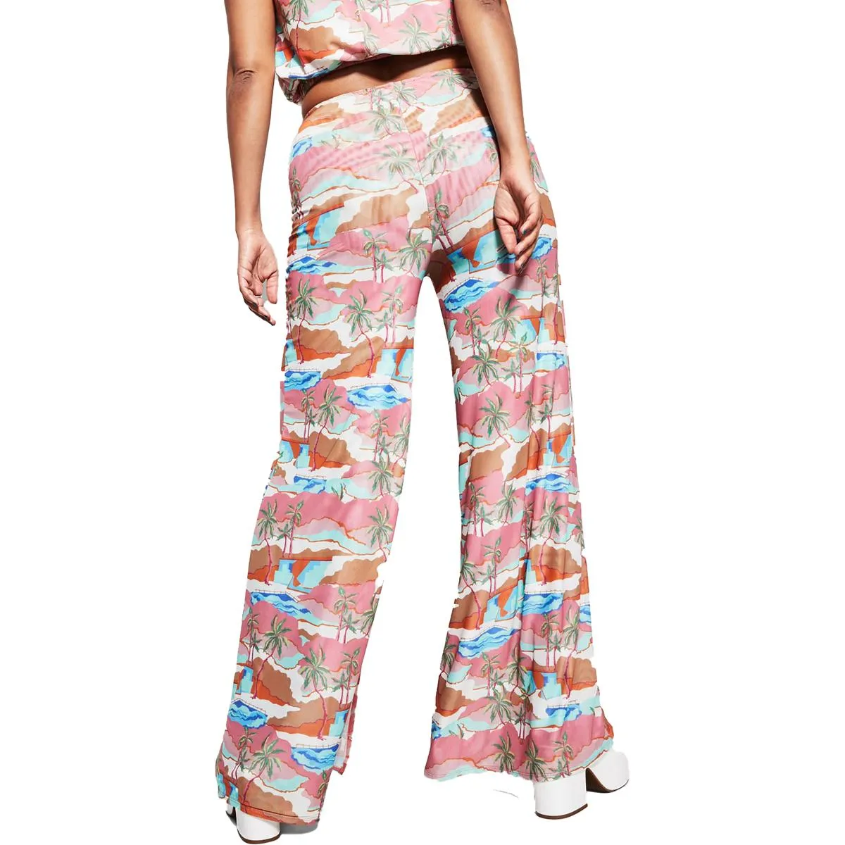 Womens Tropical Printed Drawstring Wide Leg Pants