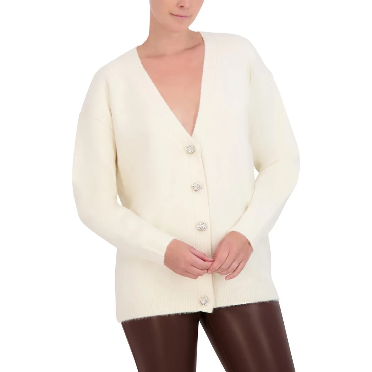 Womens V-Neck Embellished Cardigan Sweater