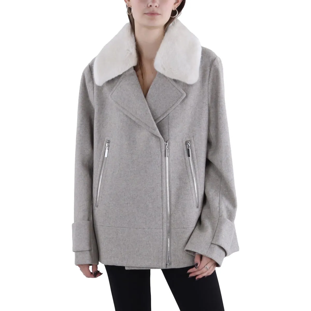 Womens Wool Blend Faux Fur Trim Motorcycle Jacket